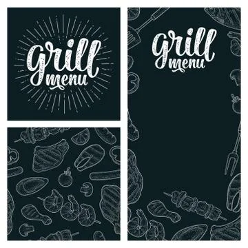 Posters and seamless pattern BBQ. Grill menu handwriting lettering. Stock Illustration
