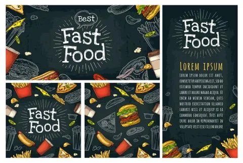 Posters and seamless pattern fast food and lettering. Stock Illustration