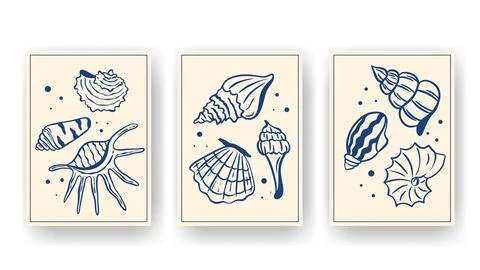 Posters with hand-drawn shells and mollusks in Mediterranean style Ilustración de archivo
