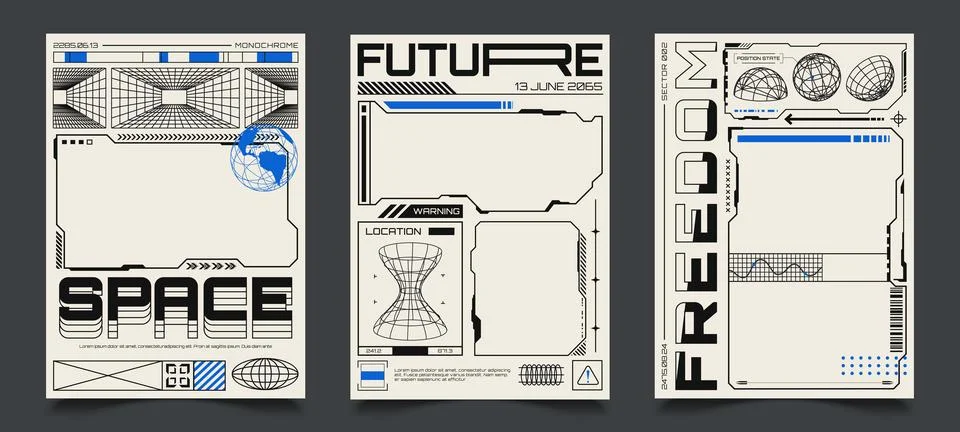 Posters with HUD elements and empty frames. Perspective grid, futuristic desi Stock Illustration