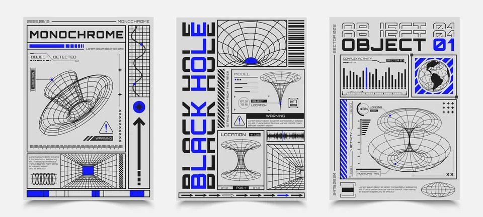 Posters with HUD elements, perspective grid, futuristic design elements, ch.. Stockillustratie
