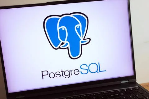 PostgreSQL relational database management system logo on laptop Stock Photos
