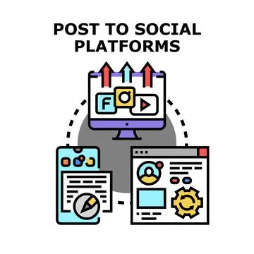 Posting content to multiple social platforms concept Illustrazione stock