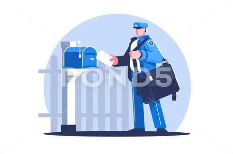Postman with bag delivering letters Stock Illustration