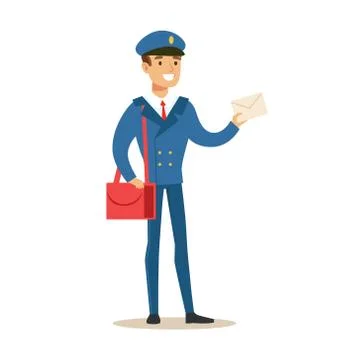 Postman In Blue Uniform Delivering Mail Holding A Letter, Fulfilling Mailman Stock Illustration