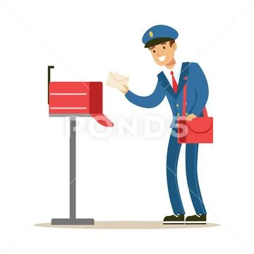 Postman In Blue Uniform Delivering Mail, Putting Letters In Mailbox, Fulfilling Stock Illustration