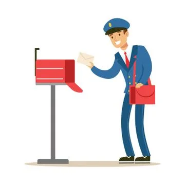 Postman In Blue Uniform Delivering Mail, Putting Letters In Mailbox, Fulfilling Stock Illustration