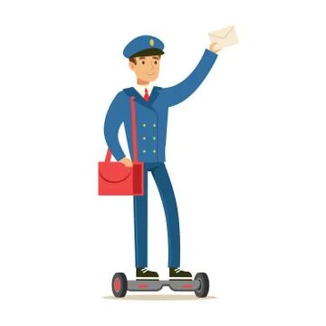 Postman In Blue Uniform Delivering Mail, Fulfilling Mailman Duties With A Smile Stock Illustration