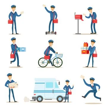 Postman In Blue Uniform With Red Bag Delivering Mail And Other Packages Stock Illustration
