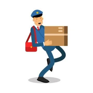 Postman in blue uniform with red bag carrying a heavy parcel cartoon character Illustrazione stock