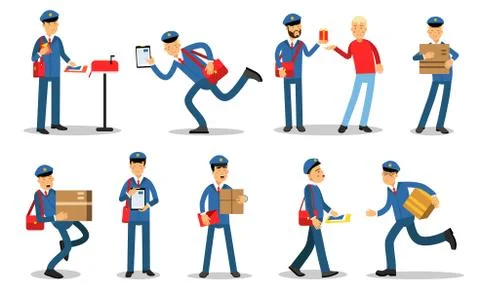 Postman characters in different situations set. Mailmen in different situations Illustration