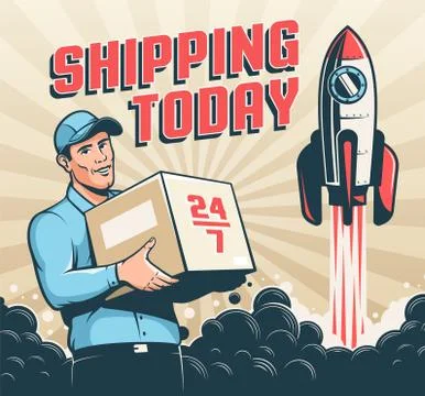 Postman Courier man with parcel box - retro advertising poster. Stock Illustration