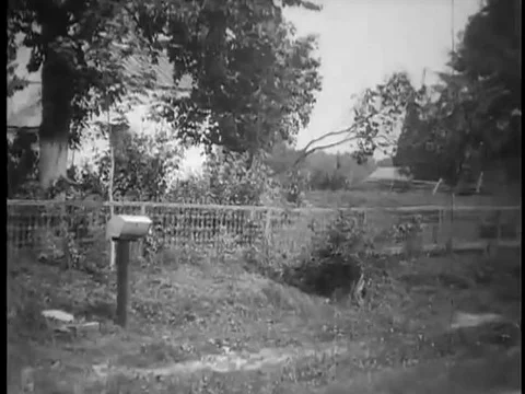 A postman delivers mail from a horse-drawn postal delivery wagon and a homeowner Stock Footage 79459366