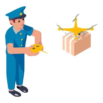 Postman drone parcel delivery icon, isometric style Illustration