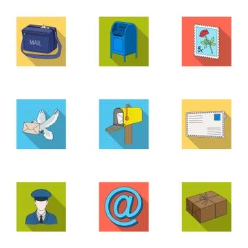 Postman, envelope, mail box and other attributes of postal service.Mail and 스톡 일러스트