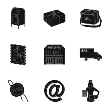 Postman, envelope, mail box and other attributes of postal service.Mail and 스톡 일러스트