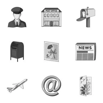 Postman, envelope, mail box and other attributes of postal service.Mail and Illustrazione stock