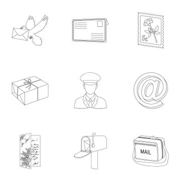 Postman, envelope, mail box and other attributes of postal service.Mail and 스톡 일러스트