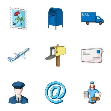 Postman, envelope, mail box and other attributes of postal service.Mail and Stock Illustration