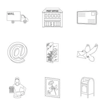 Postman, envelope, mail box and other attributes of postal service.Mail and Stock Illustration