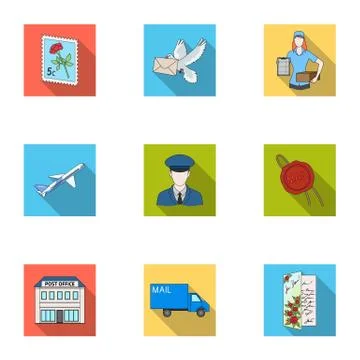 Postman, envelope, mail box and other attributes of postal service.Mail and 스톡 일러스트
