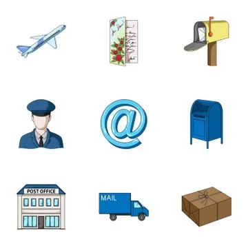 Postman, envelope, mail box and other attributes of postal service.Mail and Stock Illustration