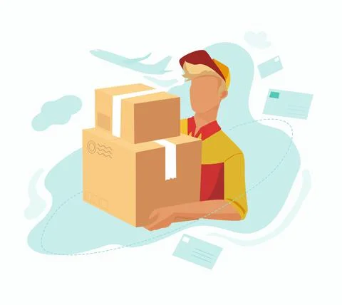 The postman is holding two parcels. Delivering parcels home. Stock-Illustration