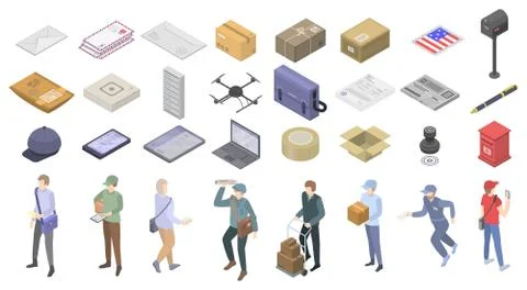 Postman icons set, isometric style Illustration