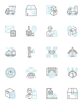 Postman linear icons set. Deliver, Courier, Parcel, Mail, Package, Carrier Stock Illustration