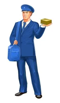 Postman. A middle-aged young man in a blue suit and tie. Stock Illustration