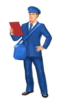 Postman. A middle-aged young man in a blue suit and tie. Stock Illustration