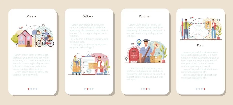 Postman mobile application banner set. Post office staff providing mail Illustration