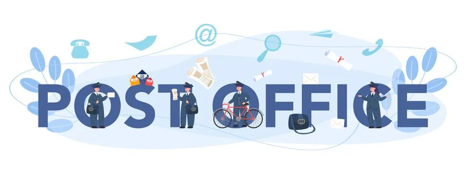Postman office typographic header. Post office staff providing mail Illustration