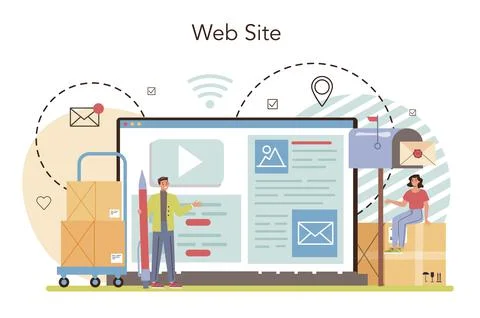 Postman online service or platform. Post office staff providing mail Stock Illustration