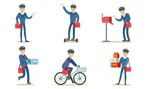 Postman or Mailman Delivering Mails and Packages Set Vector Illustration Illustration