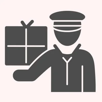 Postman with package glyph icon. Mail man worker with box, courier. Postal Illustrazione stock