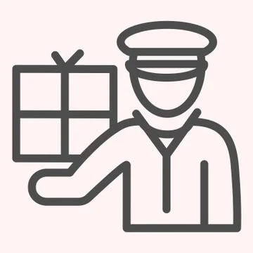 Postman with package line icon. Mail man worker with box, courier. Postal Illustrazione stock