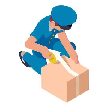 Postman packing parcel icon, isometric style Illustration