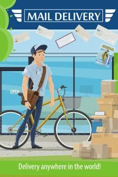Postman, parcel and letters. Mail delivery service Illustrazione stock