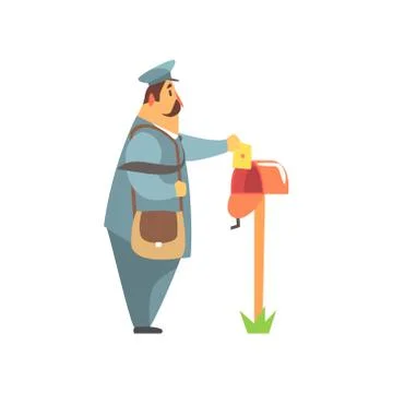 Postman Placing A Letter Into  Mailbox Stock Illustration