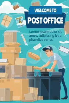 Postman at post office with mail, letter, parcel Stock Illustration