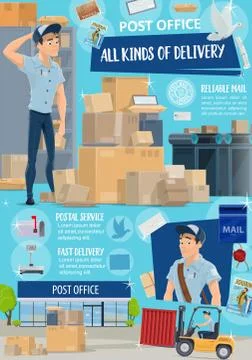 Postman at post office with mail, parcel, letter Illustration
