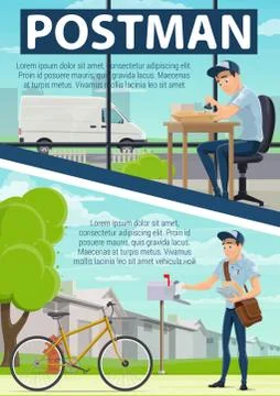 Postman poster with post office and mail delivery Illustration