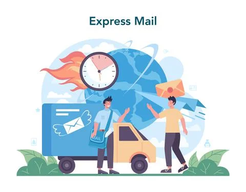 Postman profession. Express mail. Post office staff providing mail service, Illustration
