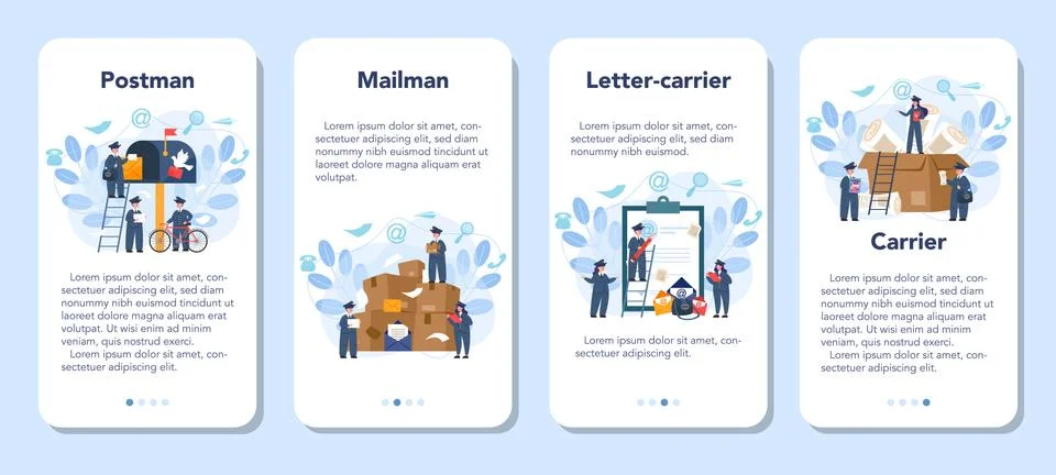 Postman profession mobile application banner set. Post office staff Illustration