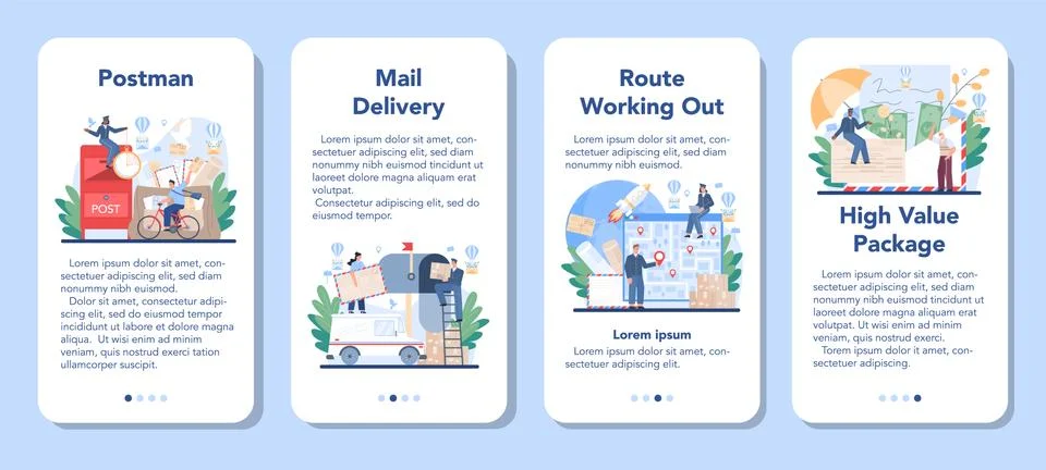 Postman profession mobile application banner set. Post office staff Illustration