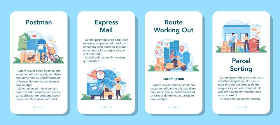 Postman profession mobile application banner set. Post office staff providing Illustration