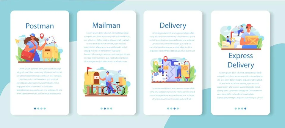 Postman profession mobile application banner set. Post office staff Illustration