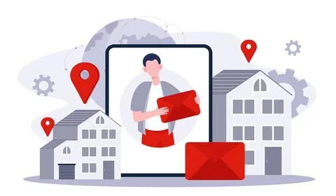 Postman profession online. Man with red envelope in hands. Mailing services and 库存插图