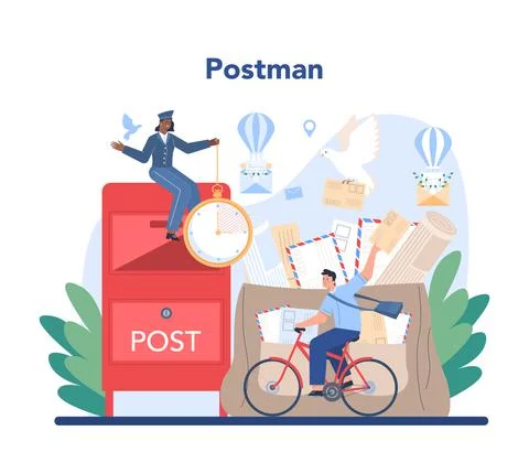 Postman profession. Post office staff providing mail service, Illustration